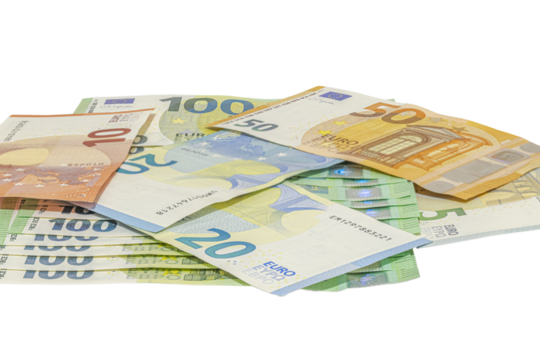 Pile of assorted euro banknotes including one hundred, fifty, twenty, ten and five euro notes scattered on a transparent background, studio shot in tilted view, close-up macrophotography.