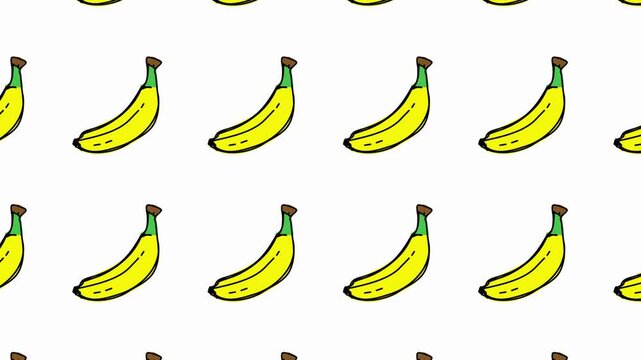 Seamless cartoon-style banana bunch pattern on white. Bright yellow fruit grid ideal for kids’ designs, packaging, textiles, and educational visuals. Fun, tropical, and eye-catching.