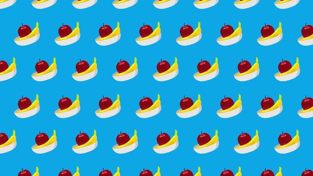 Playful seamless pattern featuring apples, bananas on a vivid blue backdrop. Ideal for food-themed designs, packaging, textiles, and educational or decorative use.