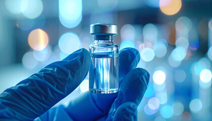 Vaccine Vial in Medical Research: Close-up of gloved hands holding a vaccine vial. The scene is illuminated by cool, sterile light.