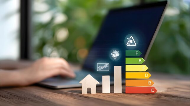 Energy efficiency rating concept with laptop on wooden table