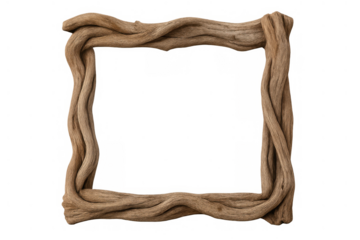 Natural frame made from twisted wooden vines creating a rustic border with transparent background
