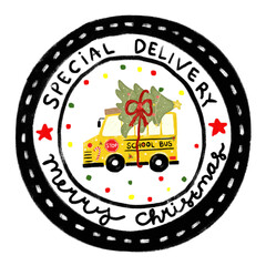 cute christmas xmas Rounded sticker stamp delivery package gift label tag with school bus vehicle transportation in kids doodle hand drawn watercolor crayon illustration png