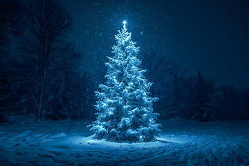 Magical snow covered Christmas Tree stands out bri.