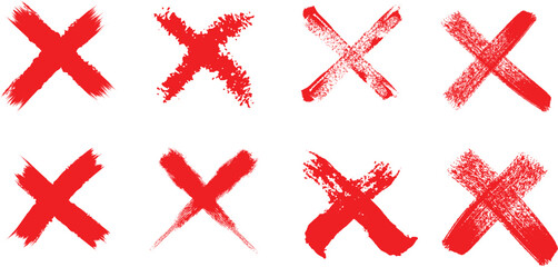 Eight red hand drawn x marks of various sizes and styles on a white background