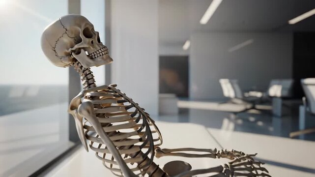 A skeleton in a modern office contemplating mortality or a surreal business concept