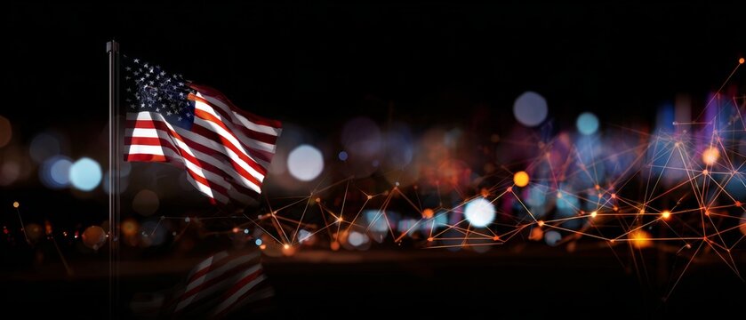 Flag and finance: depicting us economic recession in a single frame. Connected systems. American flag before a stock graph: economic recession and stagnation depicted. Network architecture.