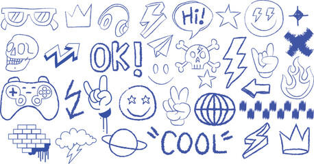 Hand drawn doodle collection of cool icons and symbols in blue ink on white background