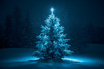 Magical snow covered Christmas Tree stands out bri.