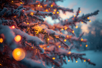 Christmas light. Christmas lights in snow covered tree