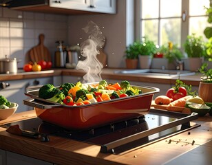 Steaming Vegetables in Orange Baking Dish on Kitchen Counter with Window and Greenery