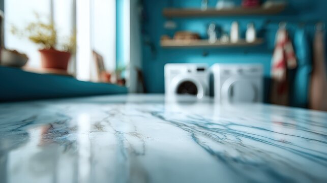 Foreground perspective showcases a polished, blue veined marble surface with a bright laundry area in the soft focus background