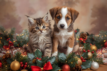 Christmas cat and dog. Kitten and puppy on christmas decoration