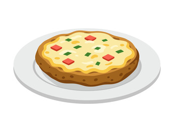 A baked round food item with cheese and vegetable toppings on a white plate