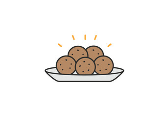 Plate of five brown round food items with dark spots highlighted by orange dashes