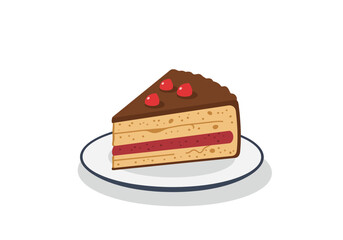 Slice of layered cake with chocolate frosting and three red berries on a plate