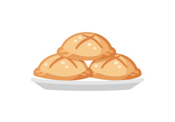 Stack of three golden baked pastries with crossshaped vents on a white plate