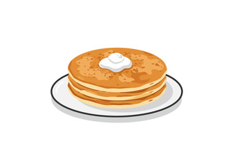 Stack of three pancakes with a dollop of cream on a white plate