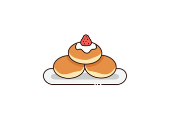 Stack of three cartoon donuts with white icing and a strawberry on top on a plate