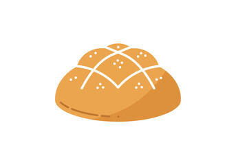 Stylized illustration of a round goldenbrown bread roll with white cross scoring and dots
