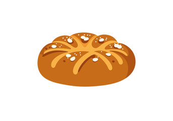 Stylized illustration of a round scored brown bread roll with white salt crystals