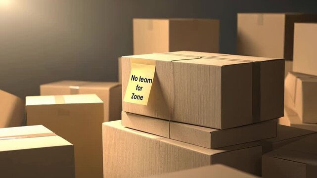 Packing personal memory into each brown cardboard box for moving. An emotional farewell message on yellow note, large package stack for warehouse storage and relocation