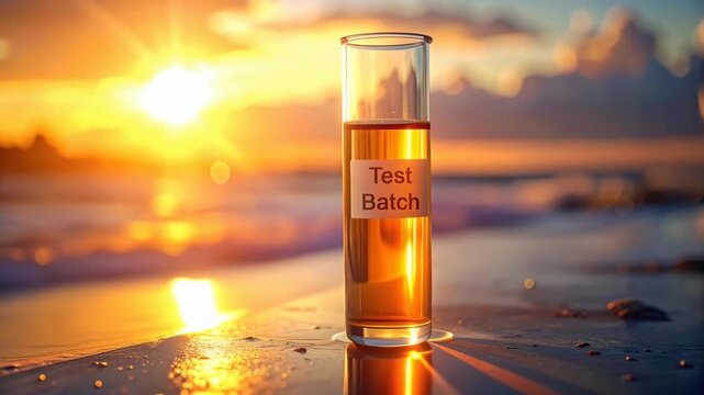 Hopeful sunrise experiment on beach with test batch vial of golden liquid, promising research discovery representing innovation and future scientific breakthrough