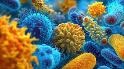 Obraz premium A vibrant microscopic view of bacteria and microorganisms, showcasing their diverse shapes and colors in a stunning, detailed illustration.