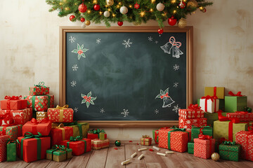 Christmas background with chalkboard and presents.