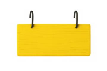 Yellow blank wooden sign hanging with black hooks, presenting empty copy space against a transparent background