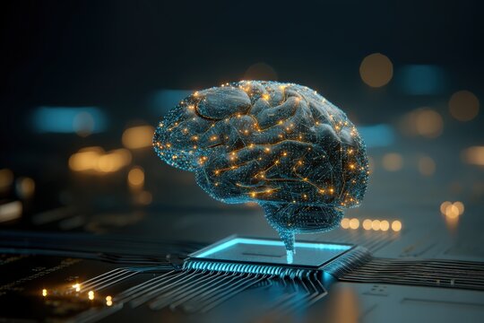 A digital representation of a brain connected to a circuit, symbolizing artificial intelligence and advanced technology.