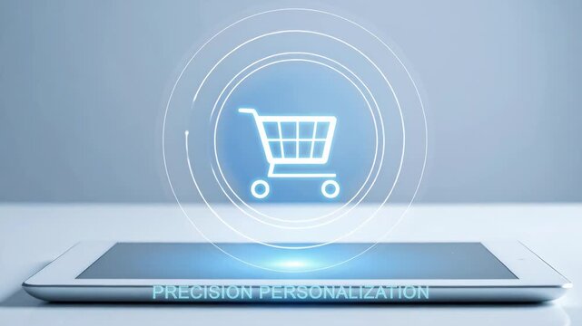 Precision personalization for e commerce, showcasing futuristic online shopping experience with glowing cart icon above digital tablet for advanced digital marketing