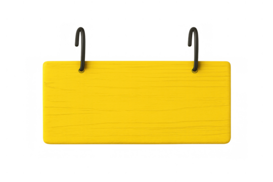Yellow blank wooden sign hanging with black hooks, presenting empty copy space against a transparent background