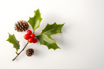 Christmas decoration of holly berry and pine cone on white background