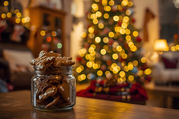 Gingerbread cookies jar Christmas tree room background