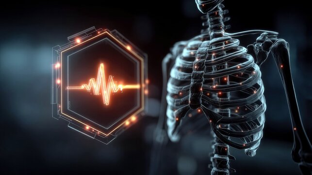 A transparent human rib cage is shown with glowing red dots, next to a digital interface displaying a heart rate waveform.