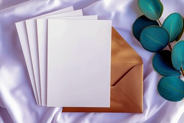 A stack of blank white cards and a golden envelope are arranged on a white satin fabric, with green leaves adding a decorative touch.