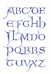 Hand-drawn alphabet created with ink and pen. Ornamental blue lettering in artistic calligraphic style on white background.