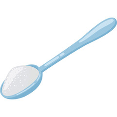 Close up of a light blue spoon filled with white granular sugar against a white background in a studio setting