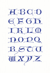 Hand-drawn alphabet created with ink and pen. Ornamental blue lettering in artistic calligraphic style on white background.