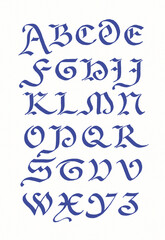 Hand-drawn alphabet created with ink and pen. Ornamental blue lettering in artistic calligraphic style on white background.