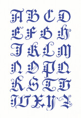 Hand-drawn alphabet created with ink and pen. Ornamental blue lettering in artistic calligraphic style on white background.