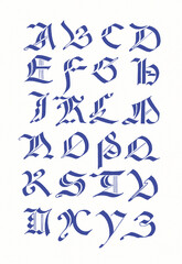 Hand-drawn alphabet created with ink and pen. Ornamental blue lettering in artistic calligraphic style on white background.