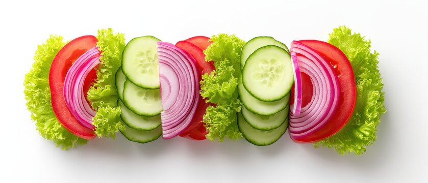 A vibrant arrangement of fresh vegetables including lettuce, cucumber, tomatoes, and red onions, neatly sliced and presented.
