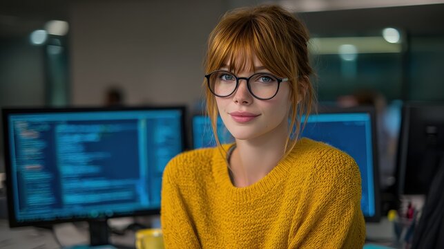 A young woman with glasses smiles in a cozy sweater, surrounded by computers displaying code, reflecting a modern tech work environment.