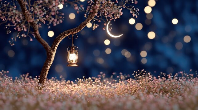 A serene night scene featuring a lantern hanging from a tree, surrounded by delicate flowers and softly glowing bokeh lights in the background.