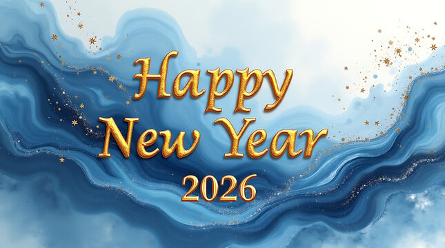 Happy new year 2026 with gold lettering on light blue and white background for festive celebration