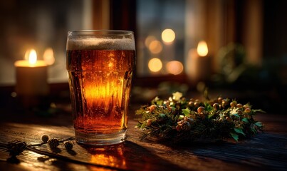 A glass of beer sits on a table next to a wreath of greenery