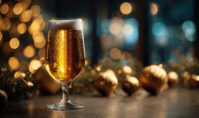 A glass of beer is sitting on a table with a bunch of gold ornaments