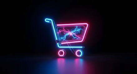 Glowing neon Cyber Monday shopping cart icon 3D render
